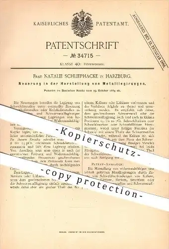 original Patent - Natalie Schliephacke in Harzburg , 1884 , Herstellung von Metalllegierung , Metall , Metall , Schwefel