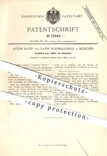 original Patent - Anton Bauer u. Xaver Schmidlechner in München , 1892 , Löten von Aluminium , Alu , Zinn , Kupfer !!!