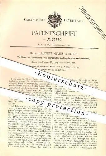 original Patent - Dr. med. A. Mylius , Berlin , 1893 , Sterilisierung von imprägnierten, antiseptischen Verbandstoffen !