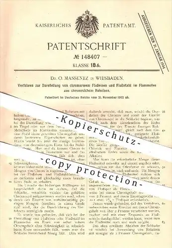 original Patent - Dr. O. Massenez in Wiesbaden , 1902 , Darstellung von chromarmen Eisen u. Stahl im Flammofen , Ofen !!