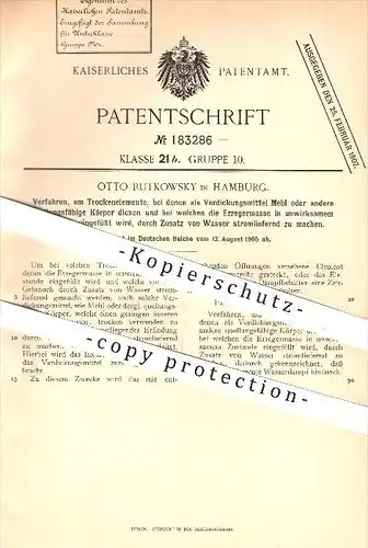 original Patent - Otto Rutkowsky in Hamburg , 1905 , Verfahren, um Trockenelemente stromliefernd zu machen , Dampf !!