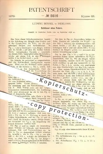 original Patent - Ludwig Bensel in Iserlohn , 1878 , Schlösser ohne Federn , Schloss , Türschloss , Tür , Riegel !!