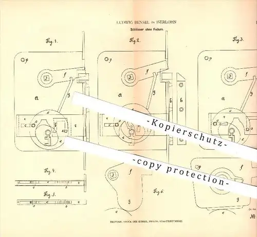 original Patent - Ludwig Bensel in Iserlohn , 1878 , Schlösser ohne Federn , Schloss , Türschloss , Tür , Riegel !!