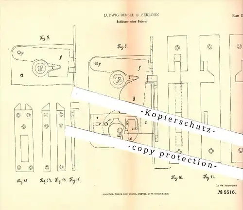 original Patent - Ludwig Bensel in Iserlohn , 1878 , Schlösser ohne Federn , Schloss , Türschloss , Tür , Riegel !!