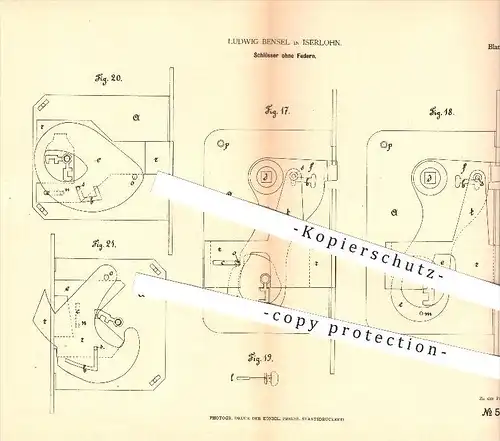 original Patent - Ludwig Bensel in Iserlohn , 1878 , Schlösser ohne Federn , Schloss , Türschloss , Tür , Riegel !!