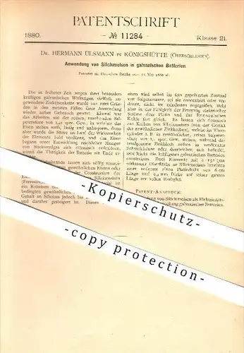 original Patent - Dr. Hermann Ülsmann in Königshütte , Oberschlesien , 1880 , Siliciumeisen in galvanischen Batterien !!
