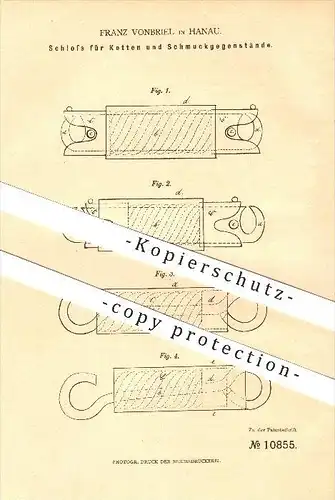 original Patent - Franz Vonbriel in Hanau , 1880 , Schloss für Ketten und Schmuck , Juwelier , Kette , Halsketten !!