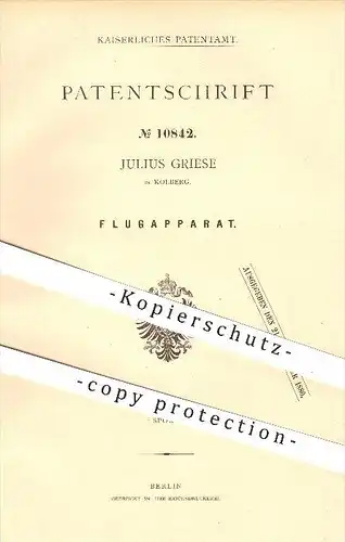 original Patent - Julius Griese in Kolberg , 1879 , Flupapparat , Fliegen , Flieger , Sportfliegen , Windräder , Sport !