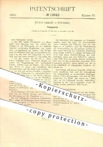 original Patent - Julius Griese in Kolberg , 1879 , Flupapparat , Fliegen , Flieger , Sportfliegen , Windräder , Sport !