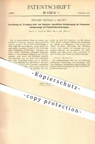 original Patent - Eduard Weyers in Hilden , 1880 , Regulator , Regulatoren , Steuerung , Expansion , Dampfmaschinen !!!