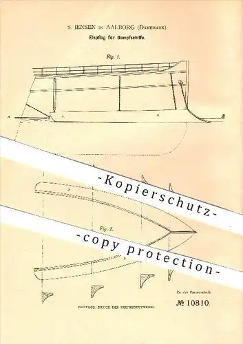 original Patent - S. Jensen in Aalborg , Dänemark , 1880 , Eispflug für Dampfschiffe , Eisbrecher , Schiff , Schiffe !!!