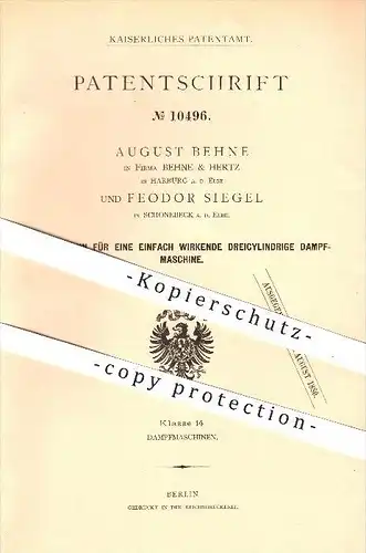 original Patent - A. Behne , Behne & Hertz in Harburg , F. Siegel in Schönebeck a. d. Elbe , 1880 , Dampfmaschine !!   !