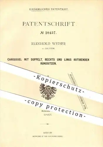 original Patent - Reinhold Weiser in Bautzen , 1880 , Karussell mit rotierenden Rundsitzen , Jahrmarkt , Rummel !!!