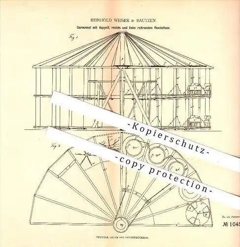 original Patent - Reinhold Weiser in Bautzen , 1880 , Karussell mit rotierenden Rundsitzen , Jahrmarkt , Rummel !!!