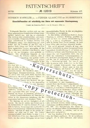 original Patent - Heinrich Raspiller in Fenner Glashütte bei Saarbrücken , 1879 , Glasschleifmaschine , Schleifen , Glas