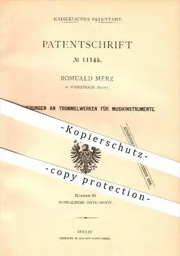 original Patent - Romuald Merz in Vöhrenbach , 1880 , Trommelwerke für Musikinstrumente , Musik , Trommel !!!