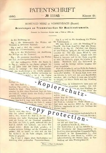 original Patent - Romuald Merz in Vöhrenbach , 1880 , Trommelwerke für Musikinstrumente , Musik , Trommel !!!