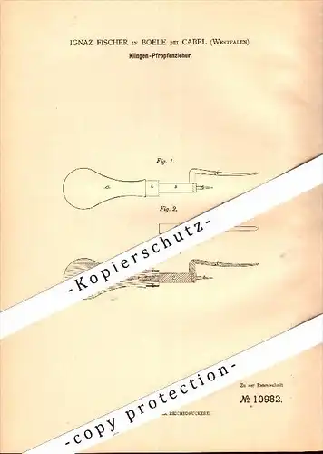 Original Patent - Ignaz Fischer in Boele b. Kabel / Hagen , 1880 , Klingen - Pfropfenzieher !!!