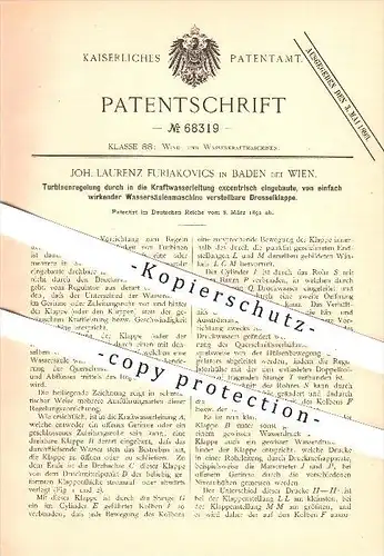 original Patent - Joh. Laurenz Furiakovics , Baden bei Wien , 1892, Turbinen - Regelung , Turbine , Wasserkraft , Wasser