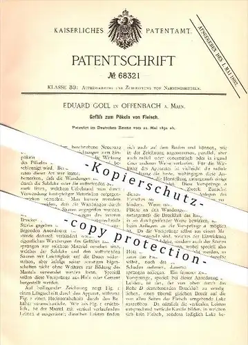 original Patent - Eduard Goll in Offenbach am Main , 1892 , Gefäß zum Pökeln von Fleisch , Schlachter , Fleischer !