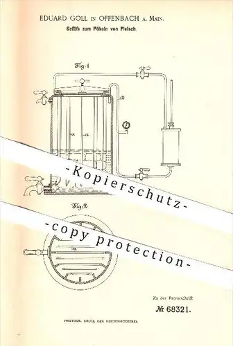 original Patent - Eduard Goll in Offenbach am Main , 1892 , Gefäß zum Pökeln von Fleisch , Schlachter , Fleischer !