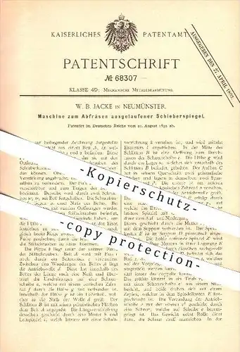 original Patent - W. B. Jacke in Neumünster , 1892 , Abfräsen von Schieberspiegeln , Fräse , Fräsen , Metall !!!