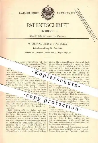 original Patent - Wilh. F. C. Lind in Hamburg , 1892 , Antrieb für Fahrräder , Fahrrad , Fahrzeugbau , Pedal , Trethebel