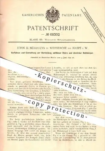 original Patent - John H. Mehrtens in Weisserose bei Haspe i. W. , 1892 , Herstellung nahtloser Rohre , Rohr , Metall !