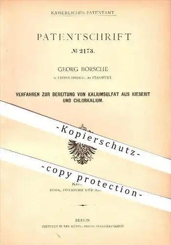 original Patent - Georg Borsche , Leopoldshall bei Stassfurt , 1877, Bereitung von Kaliumsulfat , Kieserit , Chlorkalium