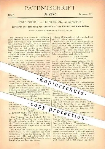 original Patent - Georg Borsche , Leopoldshall bei Stassfurt , 1877, Bereitung von Kaliumsulfat , Kieserit , Chlorkalium