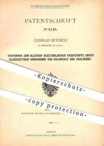 original Patent - Conrad Beyrich in Arnsdorf / Milków , Schlesien , 1877 , Bleichen von Fasern , Kalk , Chlorkalk