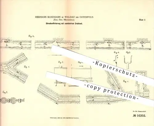 original Patent - Hermann Randhahn in Waldau bei Osterfeld , 1880 , Streckenführung mit Drahtseil , Bergbau , Förderung