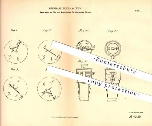 original Patent - Bernhard Egger in Wien , 1887 , Schalter für elektrische Ströme , Strom , Elektrik , Lampen , Licht !!