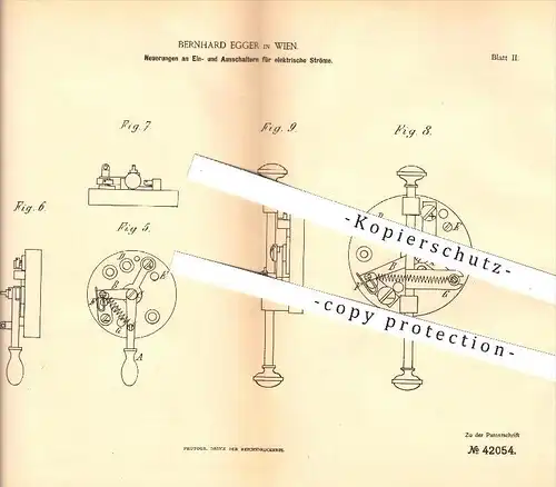 original Patent - Bernhard Egger in Wien , 1887 , Schalter für elektrische Ströme , Strom , Elektrik , Lampen , Licht !!