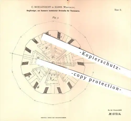 original Patent - C. Moellenhoff in Hamm , 1892 , Brennofen für Tonwaren , Keramik , Töpfern , Töpfer , Ton , Ziegelei
