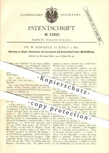 original Patent - Fr. W. Sonreck , Köln am Rhein , 1880 , Orgel , Harmonium , Leierkasten , Randebrock , Musikinstrument