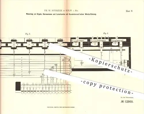 original Patent - Fr. W. Sonreck , Köln am Rhein , 1880 , Orgel , Harmonium , Leierkasten , Randebrock , Musikinstrument