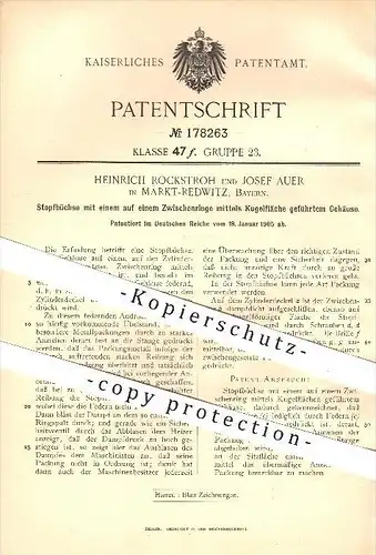 original Patent - Heinrich Rockstroh und Josef Auer in Markt-Redwitz , 1905 , Stopfbüchse , Dampf , Dampfmaschine !!!