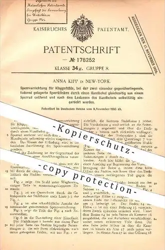 original Patent - Anna Kipp in New York , 1905 , Sperrvorrichtung für Klappstühle , Stuhl , Stühle , Möbel !!!
