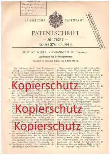 original Patent - Kurt Schweder in Johannesburg , Transvaal. , 1905 , Druckregler für Luftkompressoren , Kompressor !!