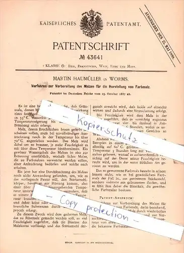 Original Patent - Martin Haumüller in Worms , 1887 , Herstellung von Farbmalz , Brauerei , Bier !!!