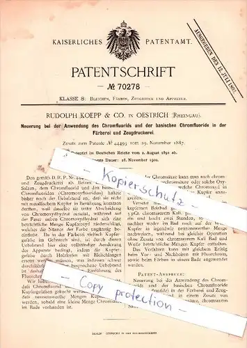 Original Patent - R. Koepp & Co. in Oestrich , Rheingau , 1892 , Anwendung des Chromfluorids !!!