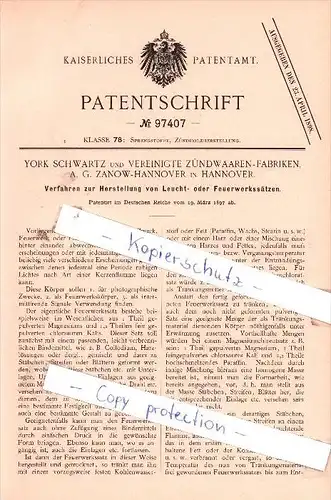 Original Patent - York Schwartz und Vereinigte Zündwaaren-Fabriken in Hannover , 1897 , Feuerwerk - Herstellung , Zanow