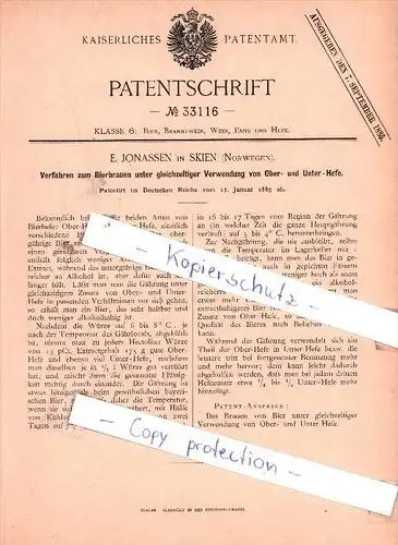 Original Patent - E. Jonassen in Skien , Norway , 1885 , Verfahren zum Bierbrauen , Brauerei , Norwegen !!!