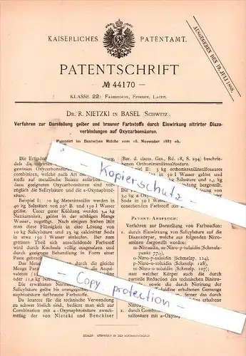 Original Patent - Dr. R. Nietzki in Basel , Schweiz , 1887 , Darstellung gelber und brauner Farbstoffe !!!