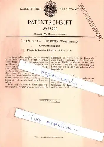 Original Patent - Fr. Läuchli in Nürtingen , Württemberg , 1885 , Kettenverbindungsglied !!!