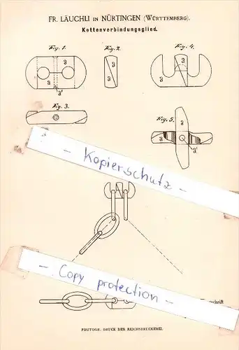 Original Patent - Fr. Läuchli in Nürtingen , Württemberg , 1885 , Kettenverbindungsglied !!!