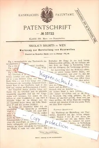 Original Patent - Nikolaus Bisumits in Wien , 1885 , Werkzeug für Haarwellen , Dauerwelle , Friseur , Lockenstab !!!