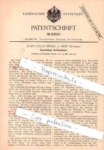 Original Patent - J. Golaz-Sènac in Genf , Schweiz , 1891 , Selbstthätiger Briefaustheiler !!!