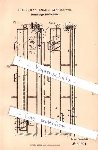 Original Patent - J. Golaz-Sènac in Genf , Schweiz , 1891 , Selbstthätiger Briefaustheiler !!!